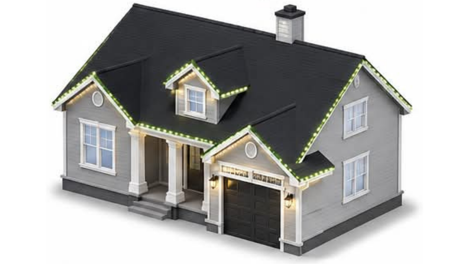 Classic Christmas lighting package showing lights along the front-facing roofline