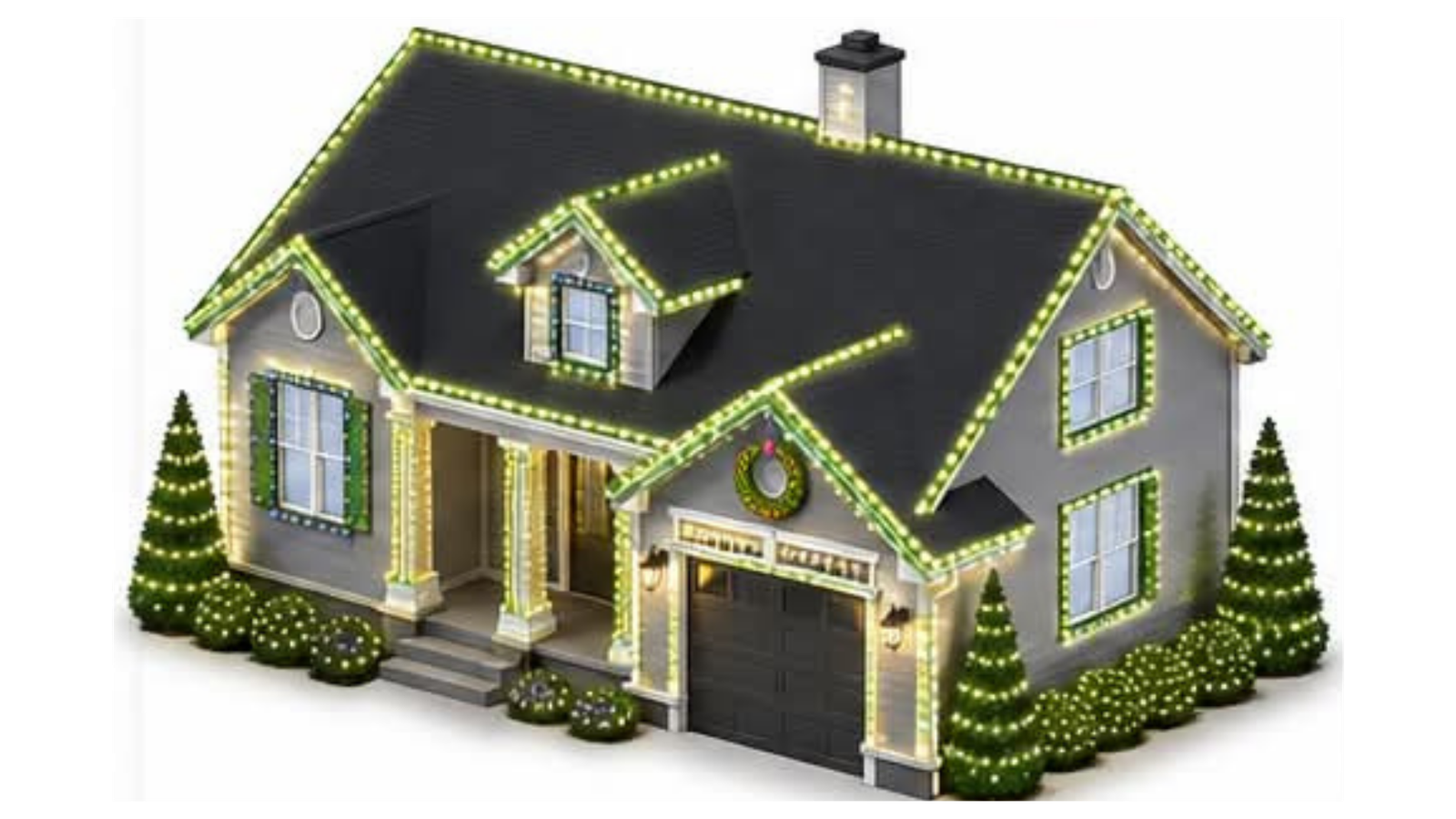 Showcase Christmas lighting package with rooflines, windows, wreaths, garland, columns, trees and shrubs