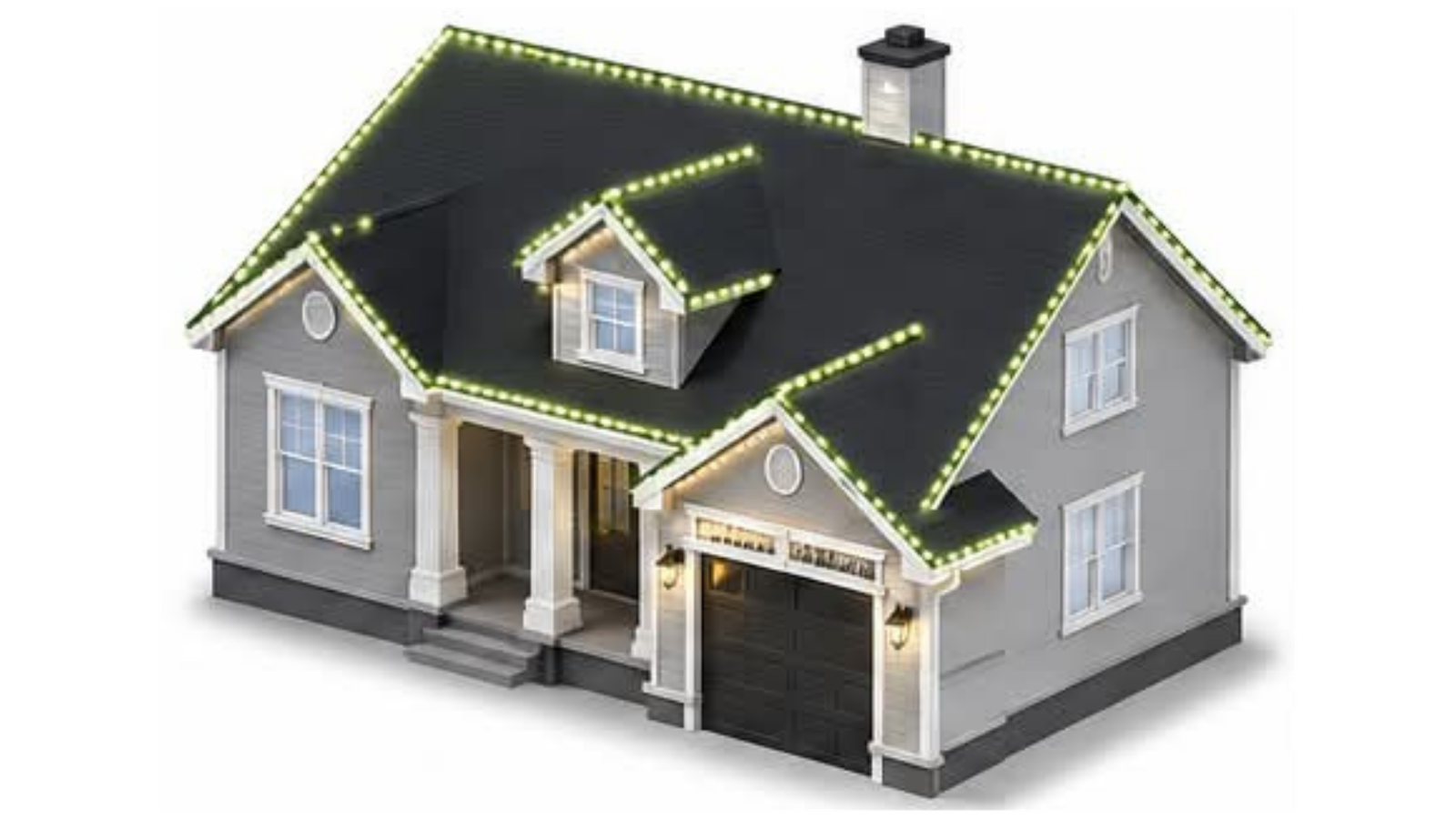 Signature Christmas lighting package showing front rooflines, main roof ridges and dormer rooflines